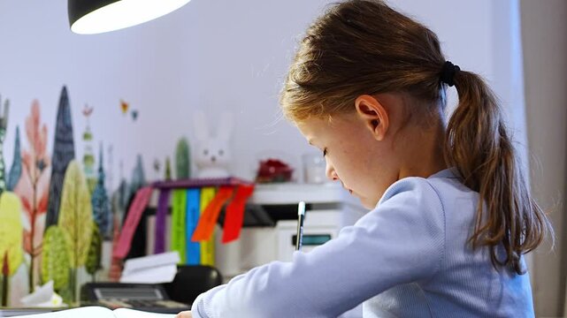 First grade girl practices handwriting at desk in her room. Child studies at home at beginning of school year with selective focus and soft background