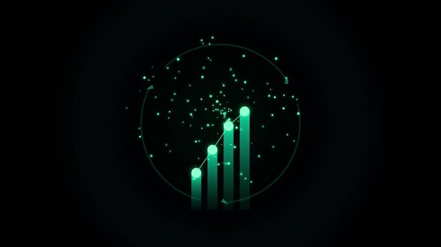 Abstract glowing circular motion graphic with green particles and a fluctuating line graph on a dark background representing data analysis and digital technology progress
