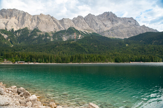 Panoramic view of Eibsee lake and Zugspitze mountain in the Bavarian Alps, Germany
