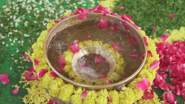 traditional Indian wedding mandapam featuring vibrant floral arrangements, colorful drapes, and elegant decorative elements. The mandapam is prepared as a traditional setting for a Hindu wedding cerem