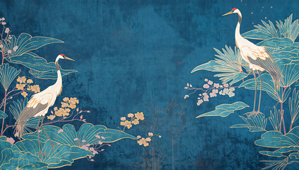 Fototapeta premium Crane birds in sakura garden on blue sky background . Abstract, Japanese, traditional motif. Dark pond water with lotus flowers and waterlilies. Beautiful seamless pattern. Oriental ornament design