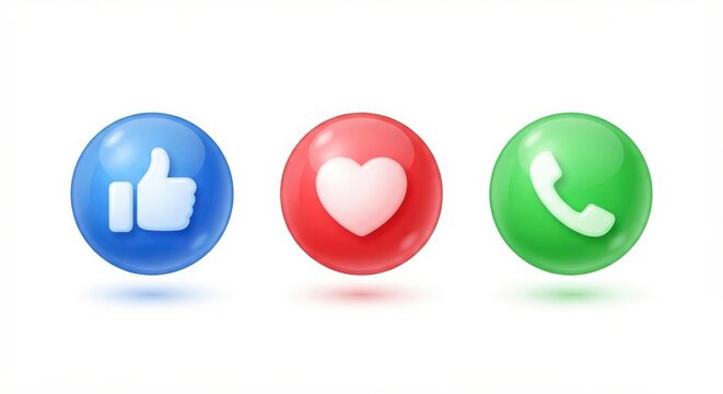 Social media icons like, heart, and call buttons on white background.