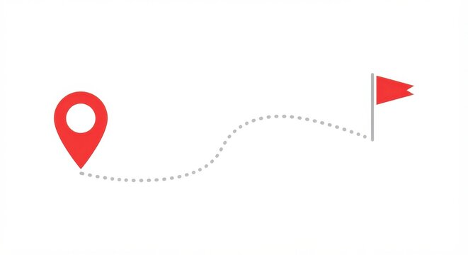 Route from location pin to flag marker with dotted line path.