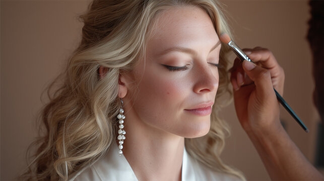 Bride getting ready for wedding in a salon with hair stylist applying makeup