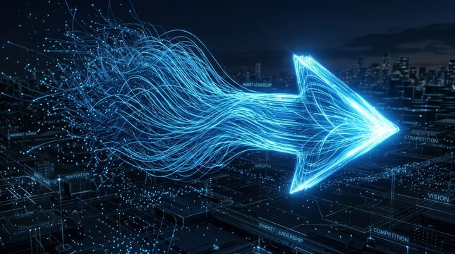 3D Detailed Model of Market Leadership Concept Featuring a Glowing Blue Arrow Representing Growth, Innovation, and Success Over a Futuristic Digital City Background with Data Connections