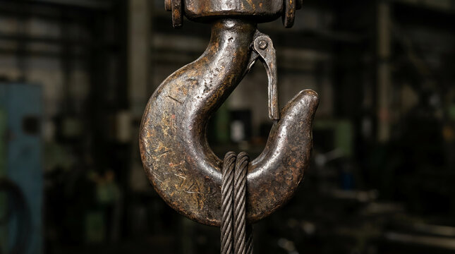 Close-up of a weathered industrial metal hook holding heavy steel cables in a workshop setting.