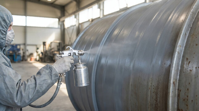 Worker in protective gear spray-paints a large metal tank inside an industrial facility.