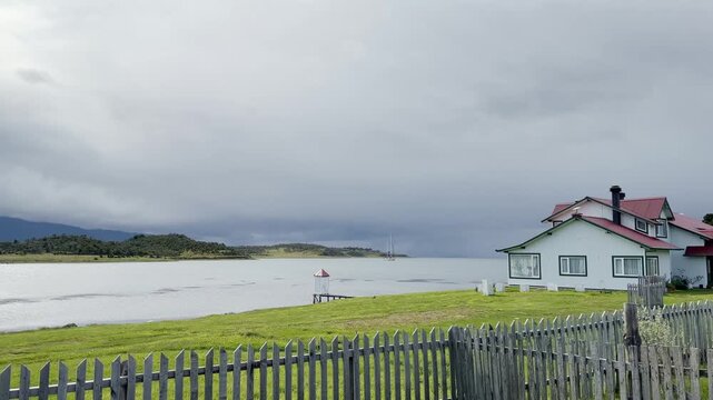 Picturesque view of the historic Estancia Harberton farm, a renowned tourist destination on the Beagle Channel in Ushuaia, Argentina