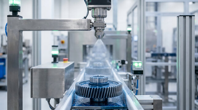 Automated industrial machinery operating in a clean, modern factory environment with focus on mechanical gears and precision engineering.