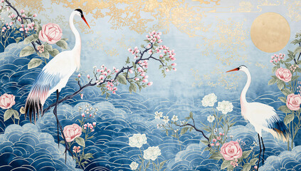 Fototapeta premium Crane birds in sakura garden on blue sky background . Abstract, Japanese, traditional motif. Dark pond water with lotus flowers and waterlilies. Beautiful seamless pattern. Oriental ornament design