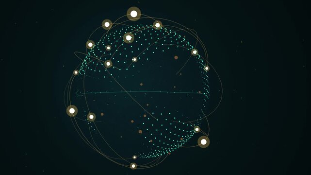 Abstract threedimensional digital globe composed of glowing dots and interconnected lines representing global network communication and data flow