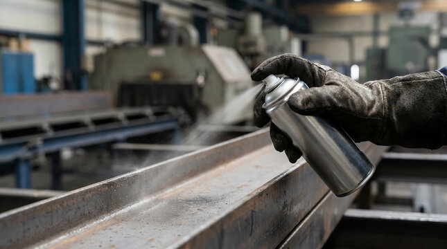 A gloved hand sprays a substance from a can onto a metal beam in an industrial workshop setting.