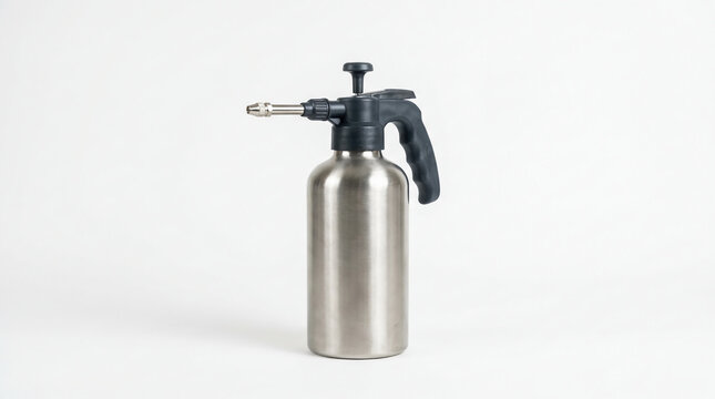 Stainless steel pressure sprayer with a black handle and nozzle, used for spraying liquids in gardening or cleaning tasks.
