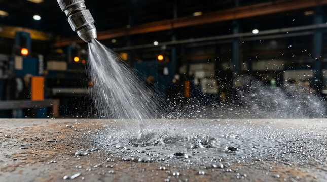 A high-pressure water jet cleans or cuts a metal surface inside an industrial workshop.