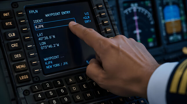 Pilots hand interacting with a modern flight management system display.
