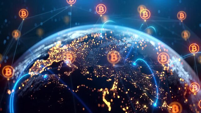 Earth with bitcoin symbols and network lines. Global crypto payments, blockchain and digital finance