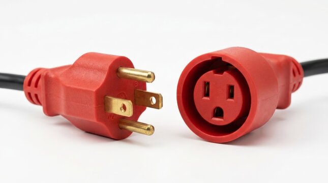 A close up view of an unplugged red heavy duty electrical plug and matching socket lying side by side against a clean white background, symbolizing power disconnection