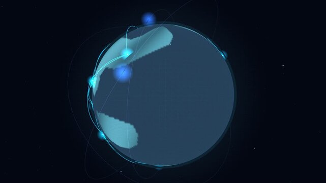 Seamless loop of a glowing futuristic digital Earth rotating with emerging network nodes, glowing connection lines, and orbital arcs representing global connectivity and digital communication.