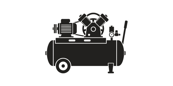 Black and white air compressor icon isolated on transparent background, symbol of industrial air pump with gauge.