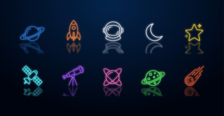 Space and astronomy neon icon set glowing planet rocket astronaut helmet moon star satellite telescope orbit meteor symbol vector collection on dark background © MkJutt