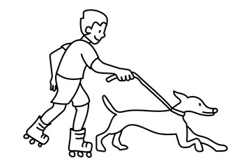 Fototapeta premium Png boy walking dog in roller skates doodle, transparent background