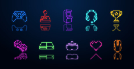 Video gaming neon icon set glowing gamepad joystick arcade headset trophy dice console vr headset pixel heart gaming mouse symbol vector collection on dark background © MkJutt