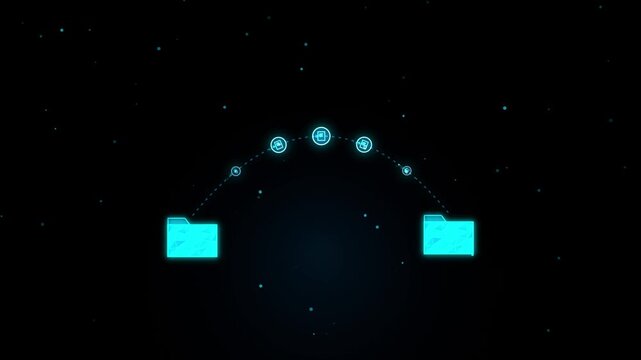 Digital information transfer concept with glowing blue folder icons connected by a dashed line and abstract data symbols