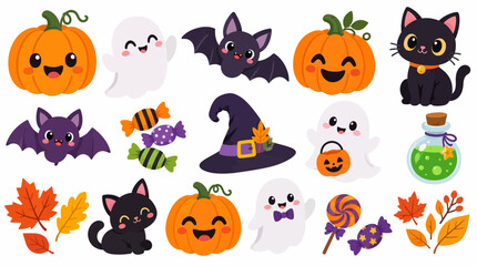 Fototapeta premium Cute Halloween Clipart Set with Happy Pumpkins Ghosts Black Cats Bats and Sweets