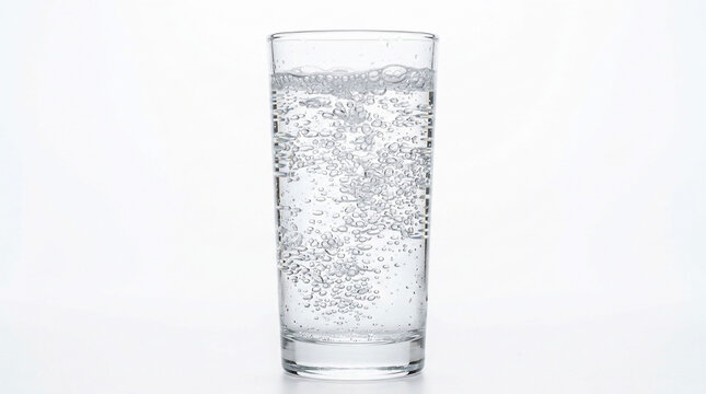 A tall glass of sparkling water with bubbles rising.