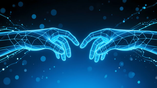 Two glowing blue mechanical hands touching