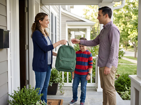 Parents Exchanging a Child Backpack During Family Handover