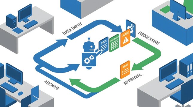 Isometric business process workflow diagram showing data input approval steps document processing and archive