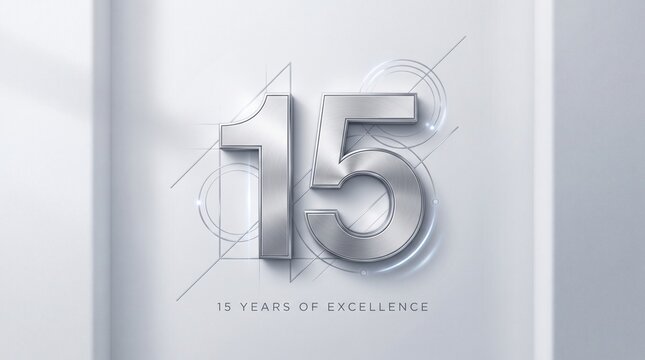 Silver three dimensional number fifteen on white geometric background