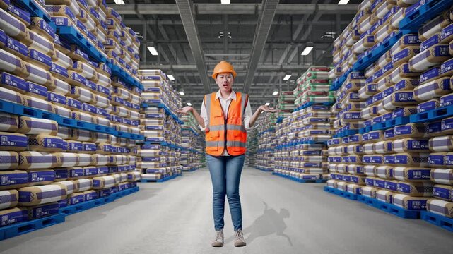 Full Body Of Wondering Asian Female Engineer With Safety Helmet Saying Why Working Doubtfully at Warehouse Stacked Cement Bags Pallets