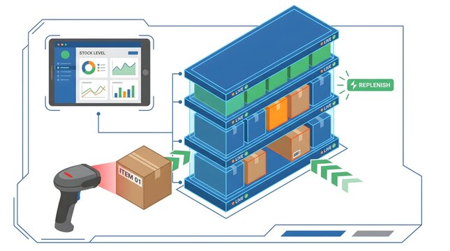 Isometric automated warehouse racking system showing cardboard box packages on high storage shelves