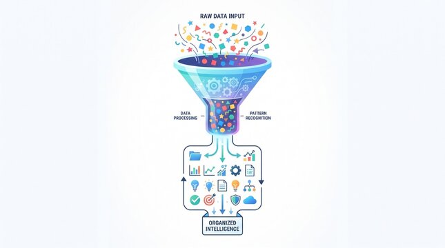 Data funnel illustration showing raw information processing into organized intelligence