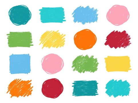 Hand drawn colorful crayon stroke shapes set for creative poster design.