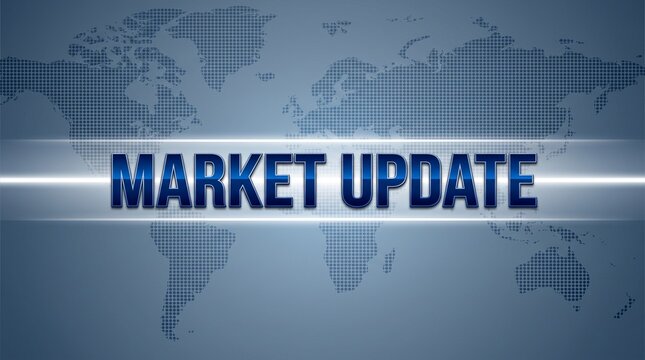 Market update text graphic overlaying a digital world map background