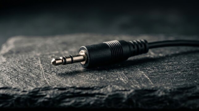 A close up view of an audio jack cable resting on a textured dark surface, symbolizing being unplugged from technology in a quiet digital detox moment, underscoring the headphone plug