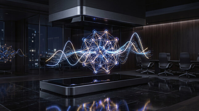 Abstract digital network visualization with flowing data waves in modern office.
