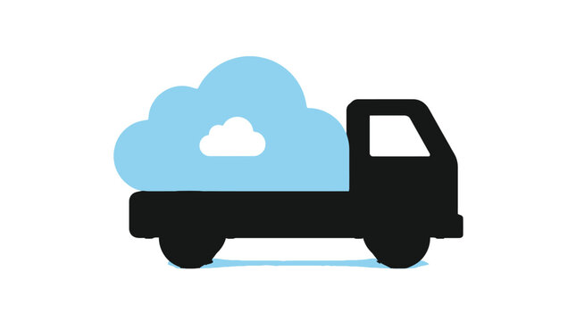 Black minimalist delivery truck icon carrying light blue cloud symbolizes modern digital data storage transport solutions