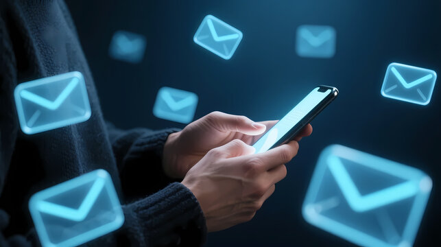 Hands using smartphone with blue email icons