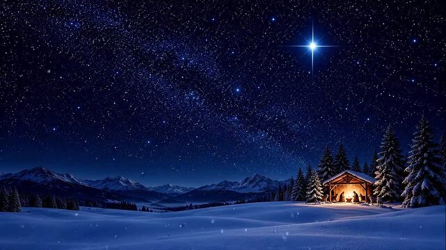The Star of Bethlehem against a starry night sky, the Nativity of Jesus Christ, an image of the Infant Jesus in the manger inside the stable, Nativity scene.