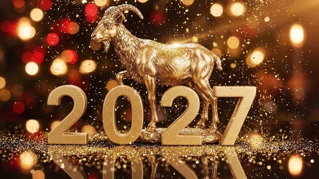 Golden goat standing above 2027 numerals. New year celebration graphic marking the Chinese zodiac year of the goat.