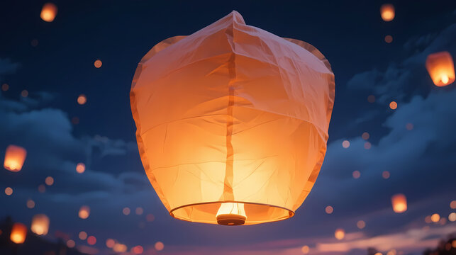 Orange sky lantern rising in night