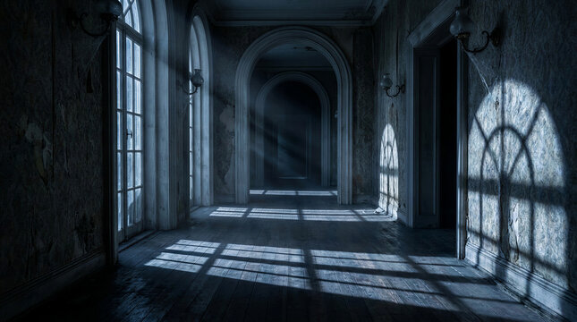 Spooky Victorian Hallway with Moonlight Window Shadows
