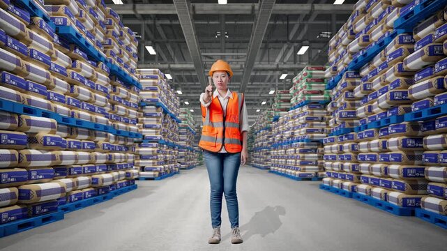 Full Body Of Asian Female Engineer With Safety Helmet Disapproving With No Index Finger Sign While Standing at Warehouse Stacked Cement Bags Pallets