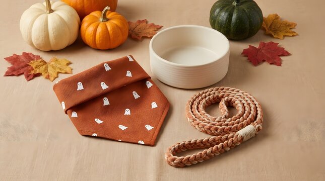 Halloween Pet Accessories with Ghost Pattern Bandana, Bowl and Rope Leash