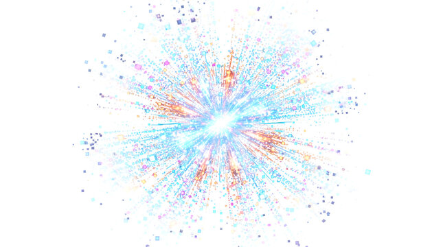 Abstract digital explosion of colorful particles and light rays isolated on transparent background