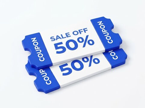 Two blue and white 50% sale off discount coupons for shopping promotion.